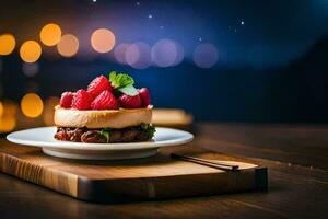 a dessert with strawberries and chocolate on a wooden table. AI-Generated photo