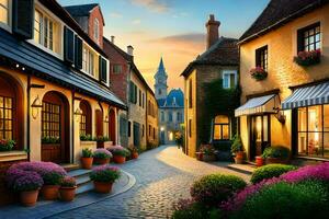 a street in europe with flowers and shops. AI-Generated photo