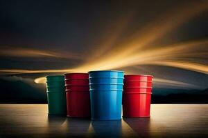 four red and blue plastic cups on a table. AI-Generated photo