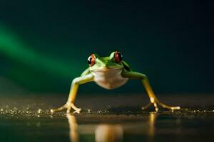 a frog with red eyes standing on a dark background. AI-Generated photo