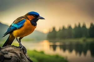 a colorful bird sits on a log near a lake. AI-Generated photo