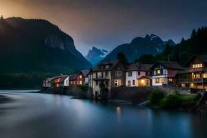 photo wallpaper the sky, mountains, river, houses, the moon, the sun, the mountains. AI-Generated