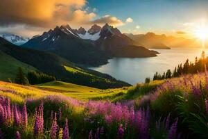 the sun rises over the mountains and flowers in the foreground. AI-Generated photo