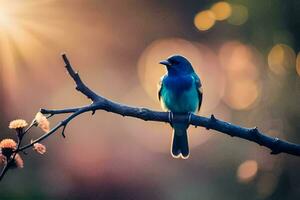 a blue bird sits on a branch in front of the sun. AI-Generated photo