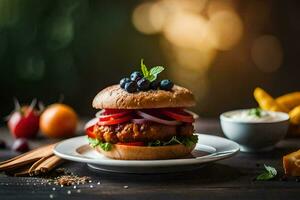 un hamburguesa con vegetales y un lado de papas fritas generado por ai foto