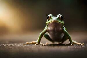 a frog is sitting on the ground with its eyes open. AI-Generated photo