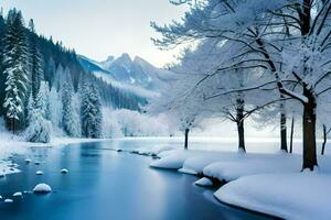 un río en el nieve. generado por ai foto