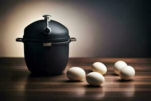 an egg cooker and eggs on a table. AI-Generated photo