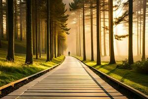 a man walks down a path in the middle of a forest. AI-Generated photo