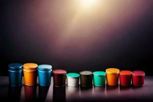 a row of colorful containers on a dark surface. AI-Generated photo