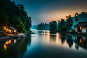 a house sits on the bank of a river at dusk. AI-Generated photo