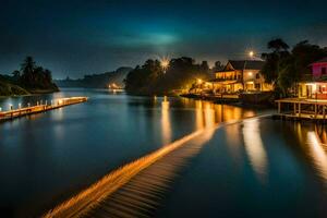 a river at night with houses on the shore. AI-Generated photo