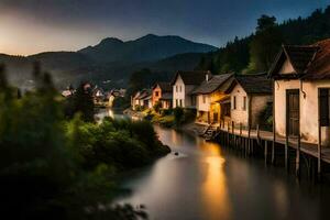 un río carreras mediante un pueblo a puesta de sol. generado por ai foto