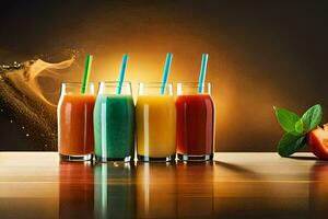 a group of four glasses of juice with a splash of juice. AI-Generated photo