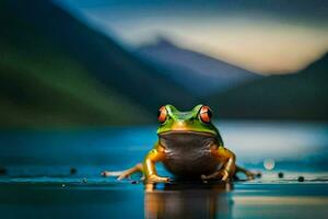 a frog sitting on the edge of a lake. AI-Generated photo