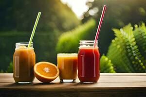 three different types of juice in glass jars on a wooden table. AI-Generated photo