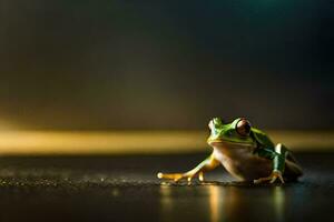 un rana sentado en un mesa con un ligero antecedentes. generado por ai foto