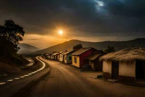 un la carretera en el montañas con casas y un puesta de sol. generado por ai foto