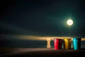 Tres vistoso tazas sentar en un playa a noche. generado por ai foto