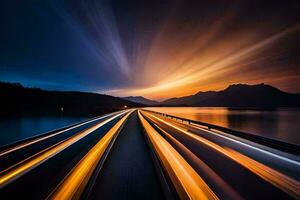 a long exposure photograph of a road with light trails. AI-Generated photo