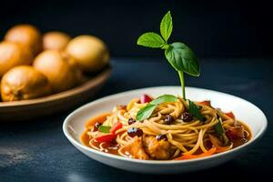 a plate of spaghetti with meat and vegetables. AI-Generated photo