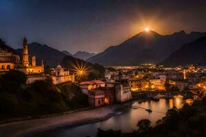 the moon rises over the town of italy. AI-Generated photo