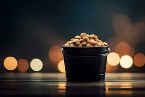 a bucket of peanuts on a table with blurred lights. AI-Generated photo