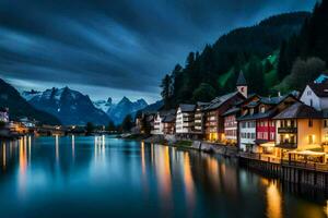 el pueblo de Altenburg en el Alpes a noche. generado por ai foto