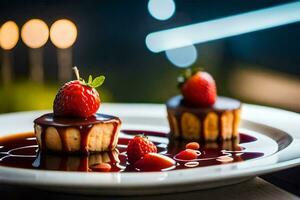 two desserts on a plate with strawberries. AI-Generated photo