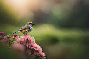 un pájaro es encaramado en parte superior de algunos rosado flores generado por ai foto