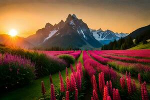 the sun rises over a field of pink flowers and mountains. AI-Generated photo