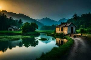 a small house sits on the side of a river in the middle of a lush green field. AI-Generated photo