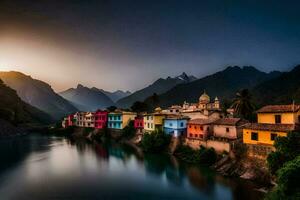 colorful houses on the banks of a river at sunset. AI-Generated photo