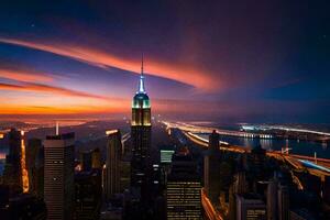 the empire state building is seen at sunset. AI-Generated photo