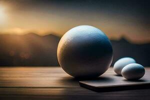 eggs on a table with a sunset in the background. AI-Generated photo