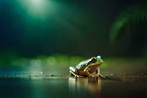 a frog sitting on the ground in the dark. AI-Generated photo