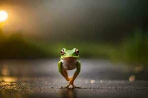 a frog standing on the ground with a bright light behind it. AI-Generated photo