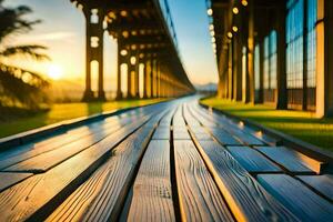 a long wooden walkway with the sun setting behind it. AI-Generated photo