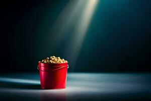 a red bucket filled with popcorn on a dark table. AI-Generated photo