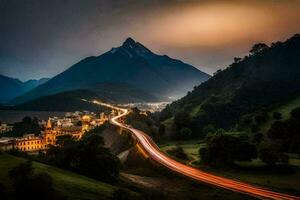 un largo exposición foto de un la carretera en frente de un montaña. generado por ai