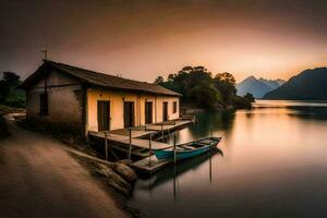 un pequeño casa se sienta en el apuntalar de un lago. generado por ai foto
