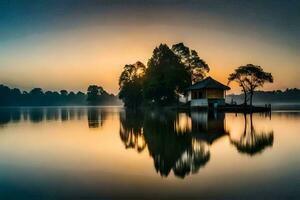 a small house sits on the shore of a lake at sunrise. AI-Generated photo