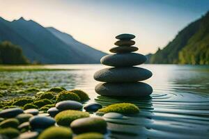 a stack of stones in the water with a mountain in the background. AI-Generated photo