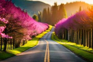 a road lined with pink trees and the sun shining. AI-Generated photo