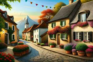 a painting of a street with flowers and houses. AI-Generated photo