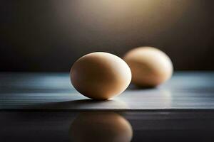 two eggs on a table with a light behind them. AI-Generated photo