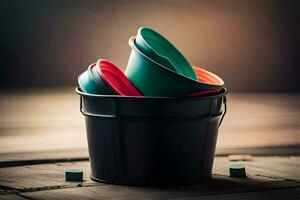 a bucket filled with colorful plastic cups. AI-Generated photo