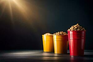 three cups of peanuts and peanuts on a dark table. AI-Generated photo