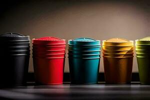 a row of colorful cups on a table. AI-Generated photo