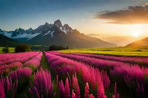 the sun rises over a field of purple flowers in the mountains. AI-Generated photo